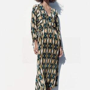 Zara Geometric Print Maxi Dress - Blue, Green, Cream
